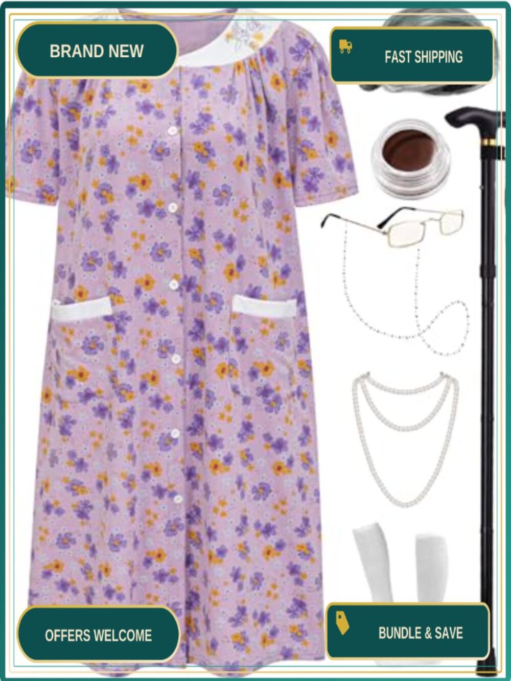 Old Lady Costume Set Dress Wig Glasses Cane Socks 100 Days of School